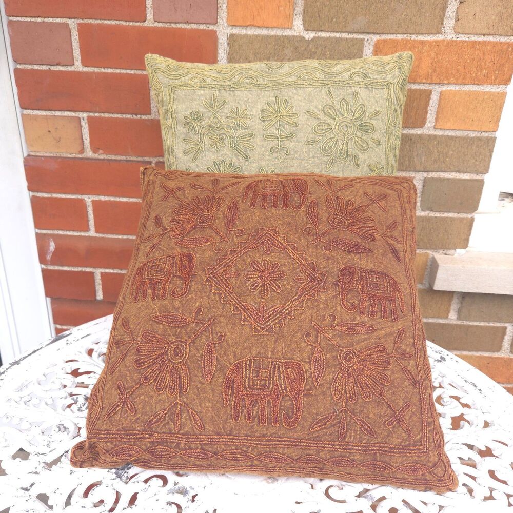 Set 2 Embroidered Elephant Folk Art Pillows 17" Boho Global Decor
